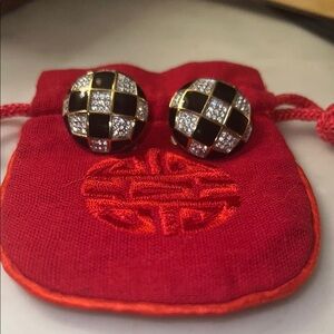 Vintage Swarovski Crystal, Gold and Black Enamel Checker Board Clip Earrings